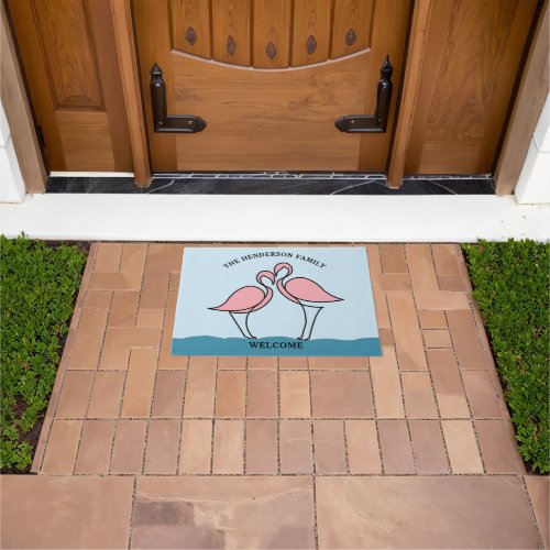 Two Pink Flamingos Family Name Welcome Doormat