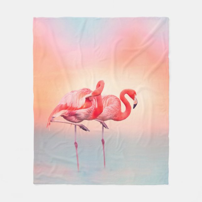Two Pink flamingos in the water at sunsetflamingo, Fleece Blanket (Front)