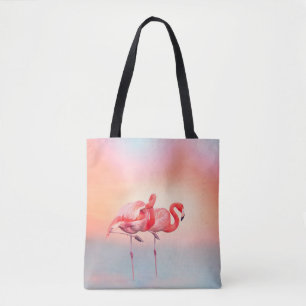 Two Pink flamingos in the water at sunsetflamingo, Tote Bag