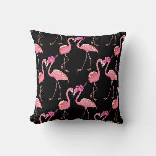 Two pink flamingos on a black background. Seamless Throw Pillow