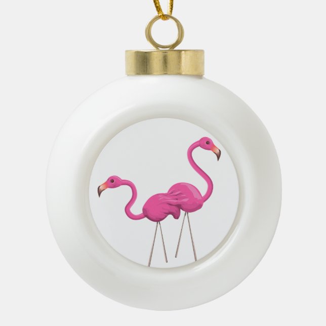 Two Pink Flamingos standing together Ceramic Ball Christmas Ornament (Front)