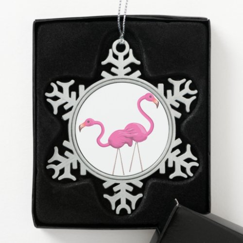 Two Pink Flamingos standing together Snowflake Pewter Christmas Ornament