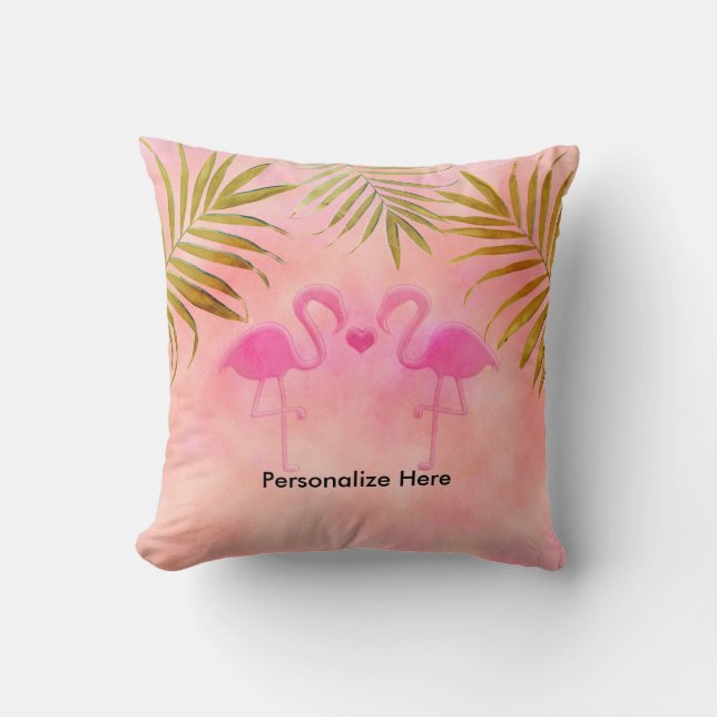 Two Pink Flamingos Tropical Beach Throw Pillow (Front)