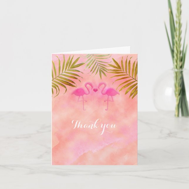 Two Pink Flamingos Watercolor Beach Wedding Card (Front)
