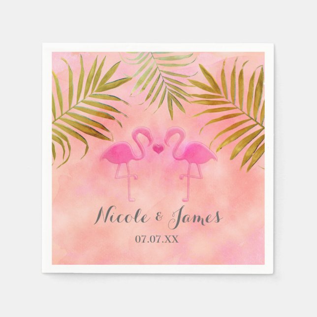 Two Pink Flamingos Watercolor Beach Wedding Napkin (Front)