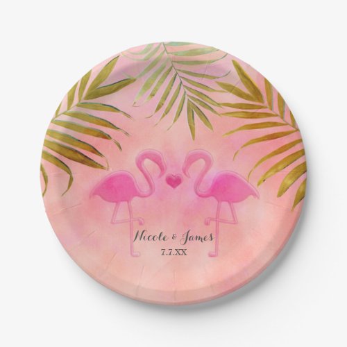 Two Pink Flamingos Watercolor Beach Wedding Plates