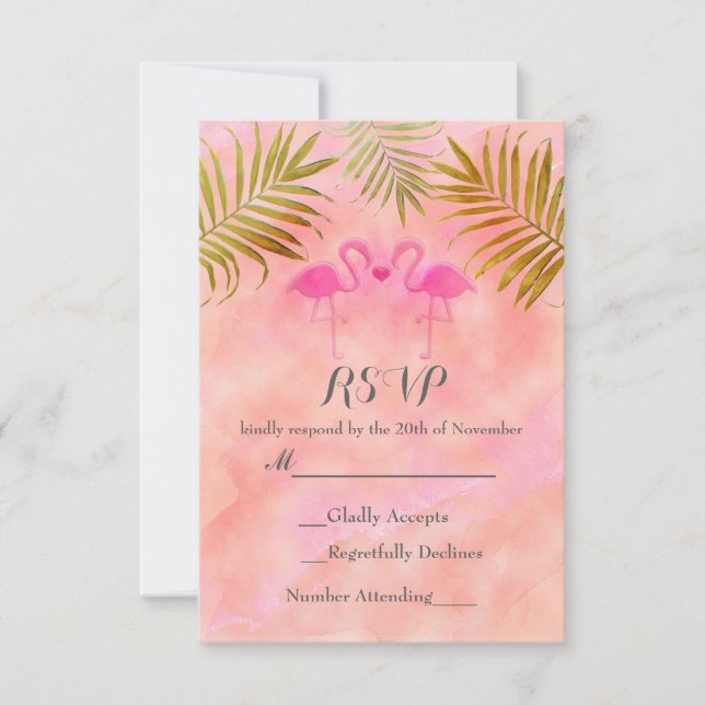 Two Pink Flamingos Watercolor Beach Wedding RSVP (Front)