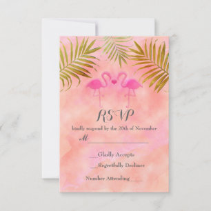 Two Pink Flamingos Watercolor Beach Wedding RSVP