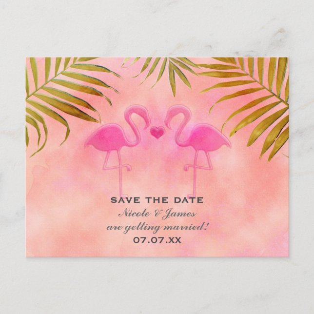 Two Pink Flamingos Watercolor Save The Date Card (Front)