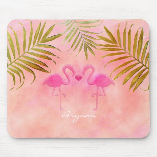 Two Pink Flamingos Watercolor Tropical Mouse Pad (Front)