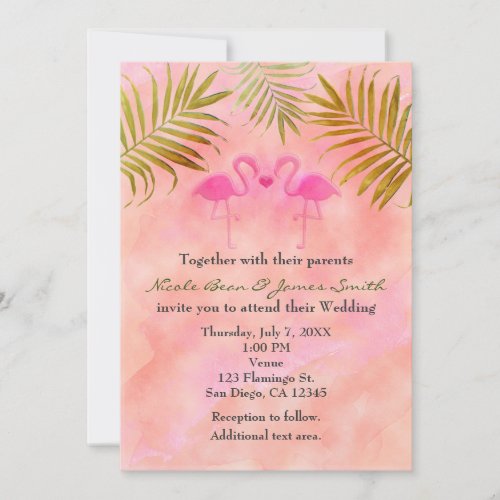 Two Pink Flamingos Watercolor Wedding Invitations