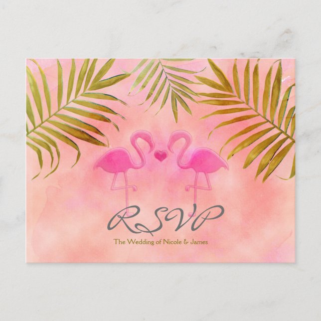 Two Pink Flamingos Watercolor Wedding RSVP cards (Front)