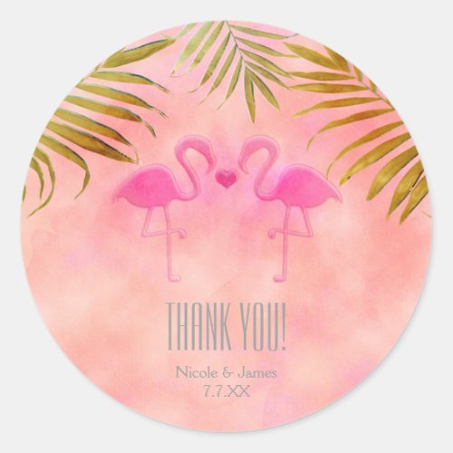 Two Pink Flamingos Watercolor Wedding Stickers