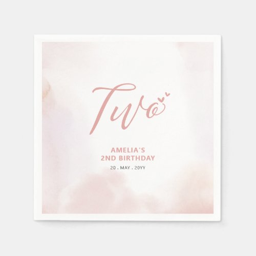 Two  Pink Heart  Watercolor Girl 2nd Birthday Napkins