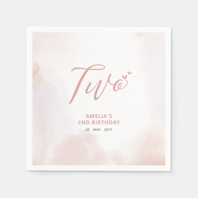 Two | Pink Heart & Watercolor Girl 2nd Birthday Napkins (Front)