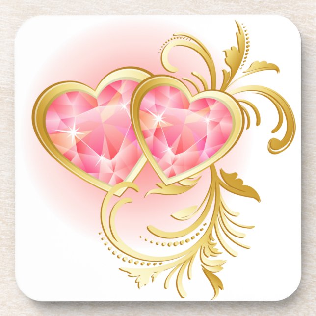 Two Pink Jeweled Hearts Beverage Coaster (Front)