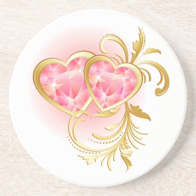 Two Pink Jeweled Hearts Coaster (Front)