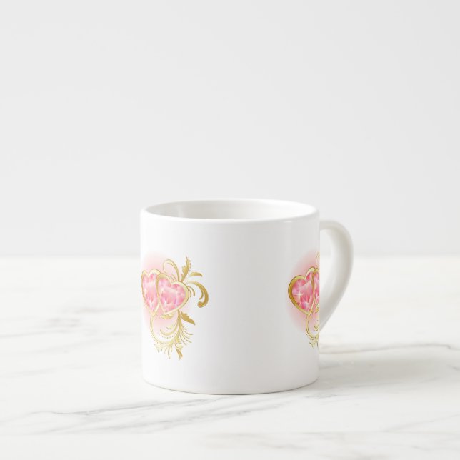 Two Pink Jeweled Hearts Espresso Cup (Front Right)