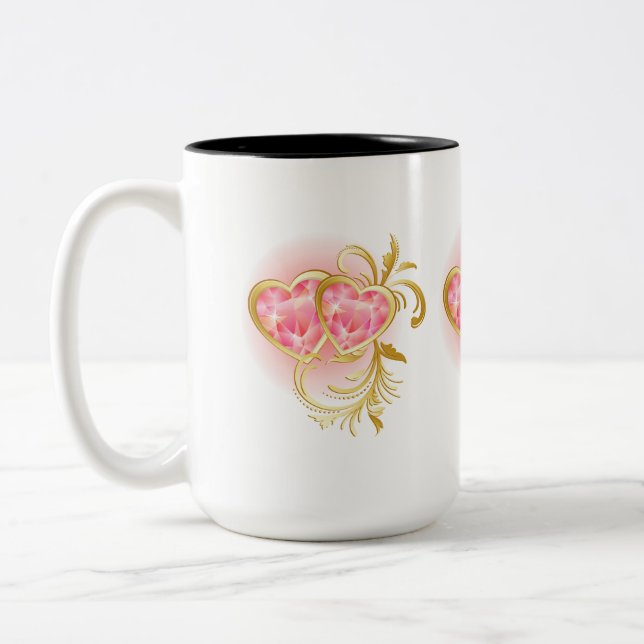 Two Pink Jeweled Hearts Two-Tone Coffee Mug (Left)