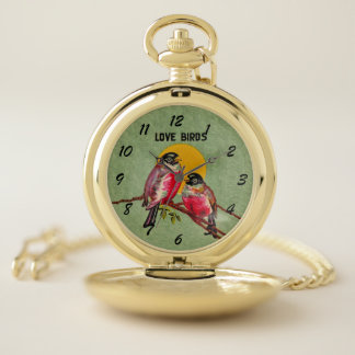 Two Pink Love Birds Black Heads Sun Green Pocket Watch