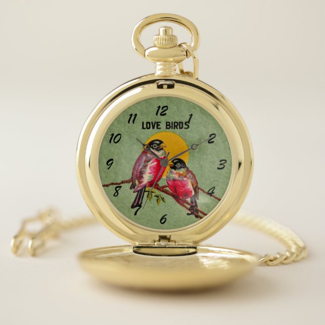 Two Pink Love Birds Black Heads Sun Green Pocket Watch (Inside)