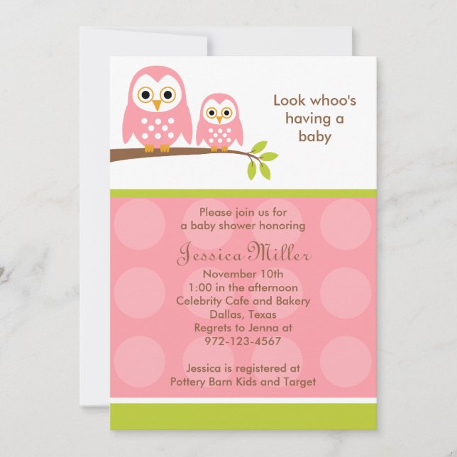 Two Pink Owls Baby Shower Invitations (Front)