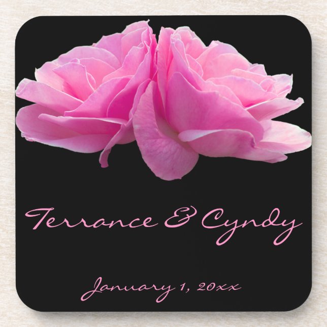 Two Pink Roses Personal Wedding Beverage Coaster (Front)