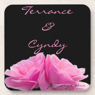 Two Pink Roses Personal Wedding Beverage Coaster