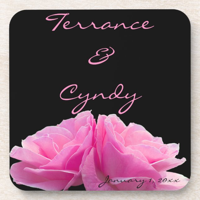 Two Pink Roses Personal Wedding Beverage Coaster (Front)