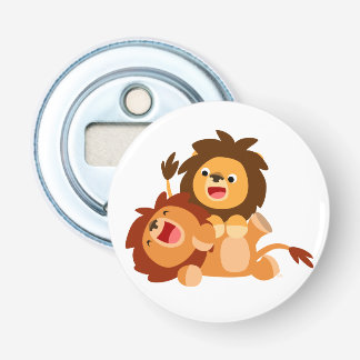 Two Playful Cartoon Lions Button Bottle Opener