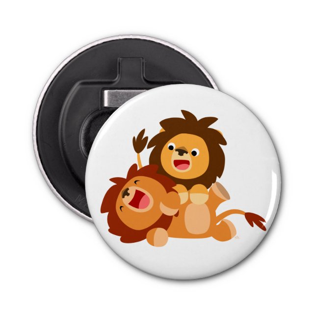 Two Playful Cartoon Lions Button Bottle Opener (Front)