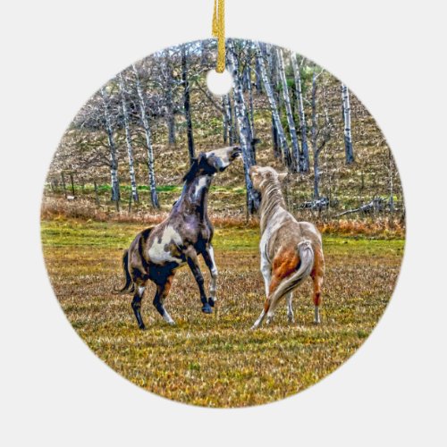 Two Playful Pinto Paint Horses Equine Art Design Ceramic Ornament