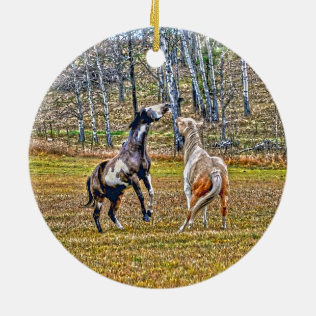 Two Playful Pinto Paint Horses Equine Art Design Ceramic Ornament (Back)