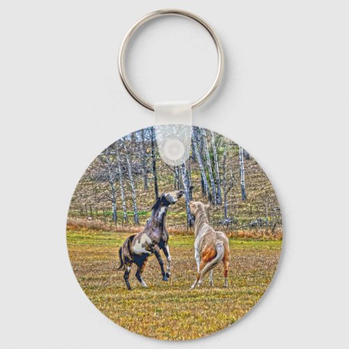 Two Playful Pinto Paint Horses Equine Art Design Keychain
