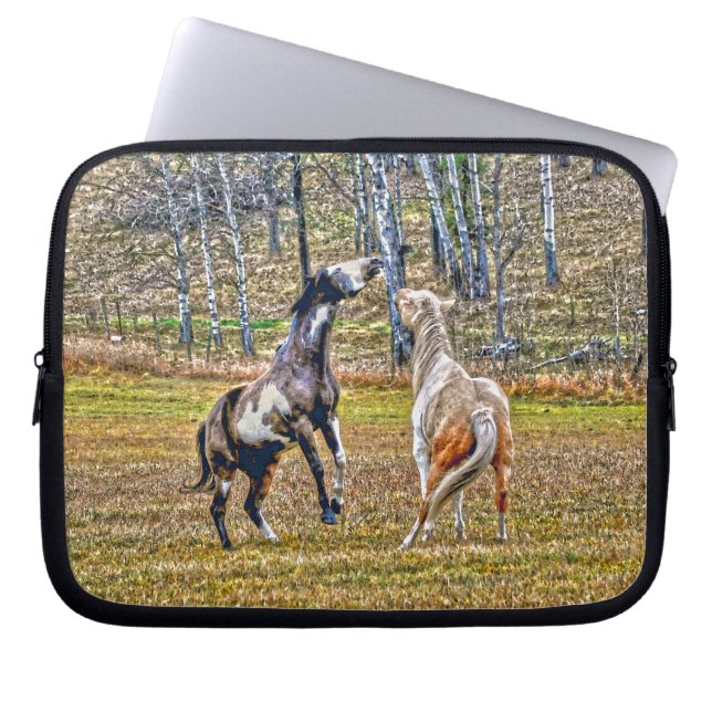 Two Playful Pinto Paint Horses Equine Art Design Laptop Sleeve (Front)