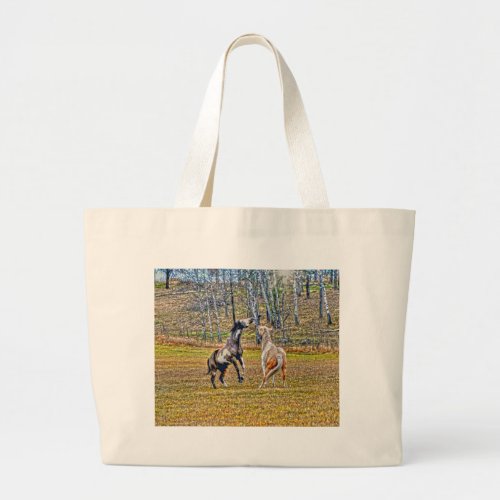 Two Playful Pinto Paint Horses Equine Art Design Large Tote Bag