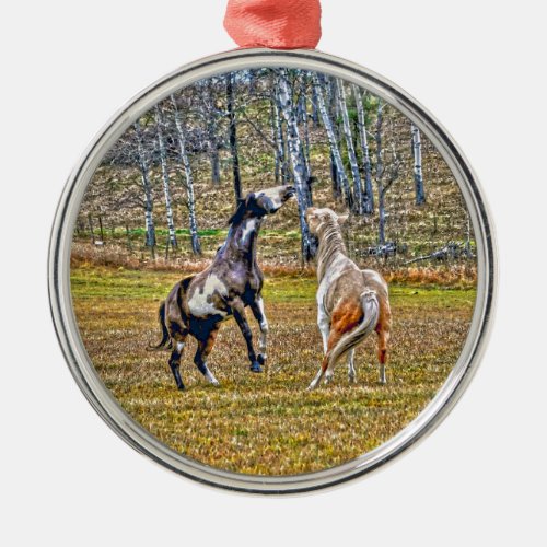 Two Playful Pinto Paint Horses Equine Art Design Metal Ornament