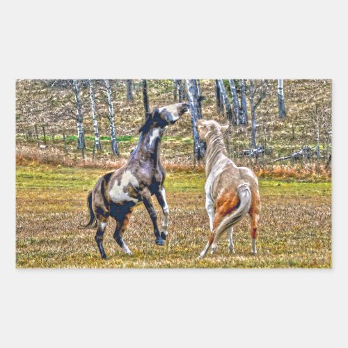 Two Playful Pinto Paint Horses Equine Art Design Rectangular Sticker