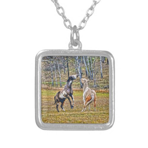 Two Playful Pinto Paint Horses Equine Art Design Silver Plated Necklace