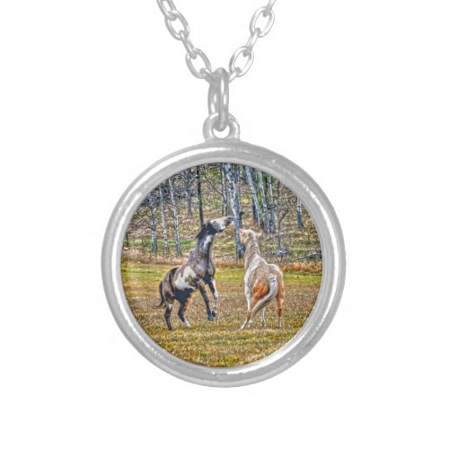 Two Playful Pinto Paint Horses Equine Art Design Silver Plated Necklace