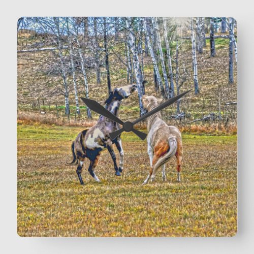 Two Playful Pinto Paint Horses Equine Art Design Square Wall Clock