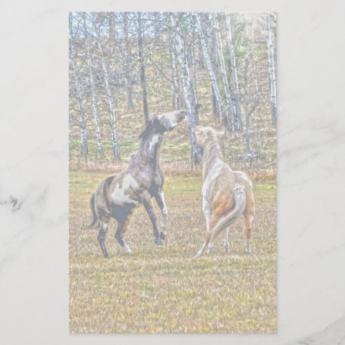 Two Playful Pinto Paint Horses Equine Art Design Stationery