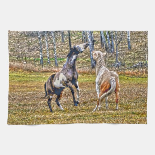 Two Playful Pinto Paint Horses Equine Art Design Towel