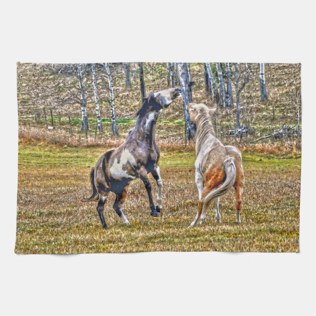 Two Playful Pinto Paint Horses Equine Art Design Towel (Horizontal)