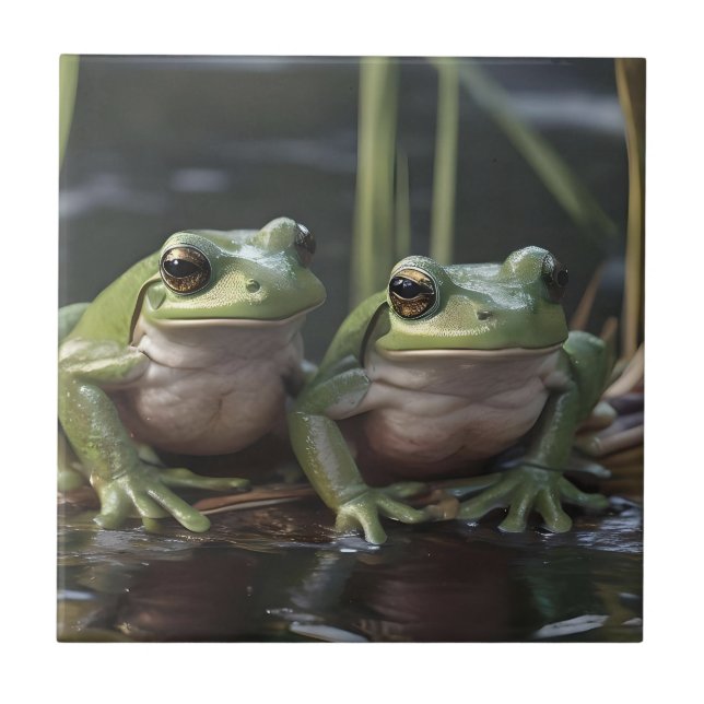 Two Plump Green Frogs At The River, Ceramic Tile (Front)