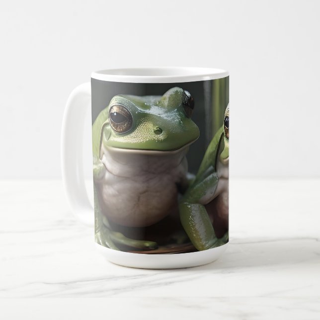 Two Plump Green Frogs At The River, Coffee Mug (Front Left)