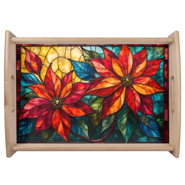 Two Poinsettia Blossoms Stained Glass Style Serving Tray (Front)