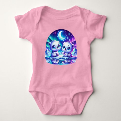 Two Polar Bear Cubs Play Under the Northern Lights Baby Bodysuit