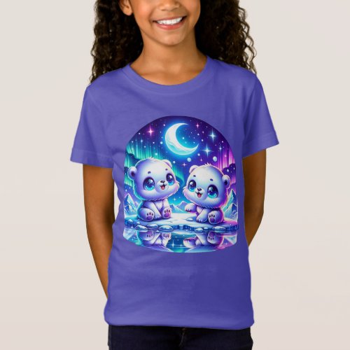 Two Polar Bear Cubs Play Under the Northern Lights T_Shirt