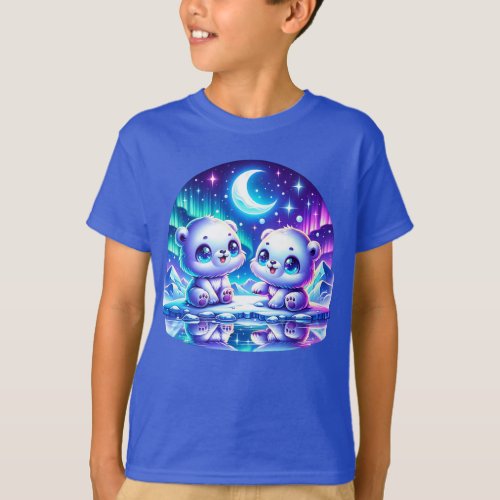 Two Polar Bear Cubs Play Under the Northern Lights T_Shirt
